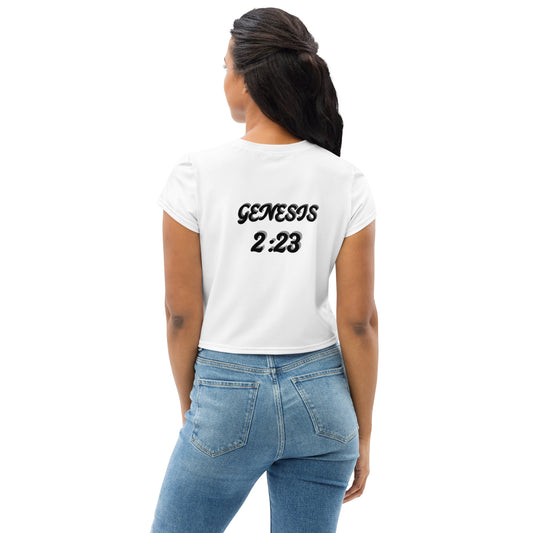 WOMEN Woman "OF" God [Genesis 2:23] All-Over Print Crop Tee